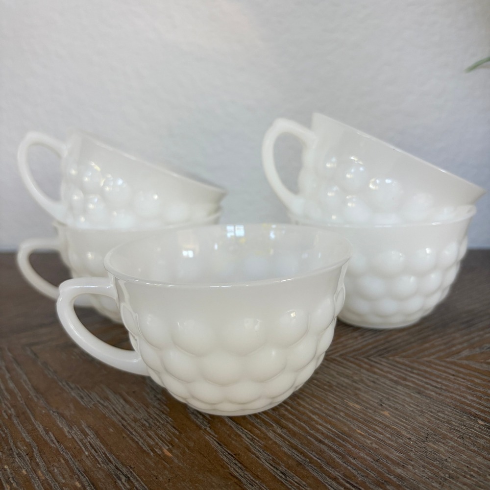 Anchor Hocking Vintage White Milk Glass Bubble Pattern Teacups Set of 5 MCM Cup